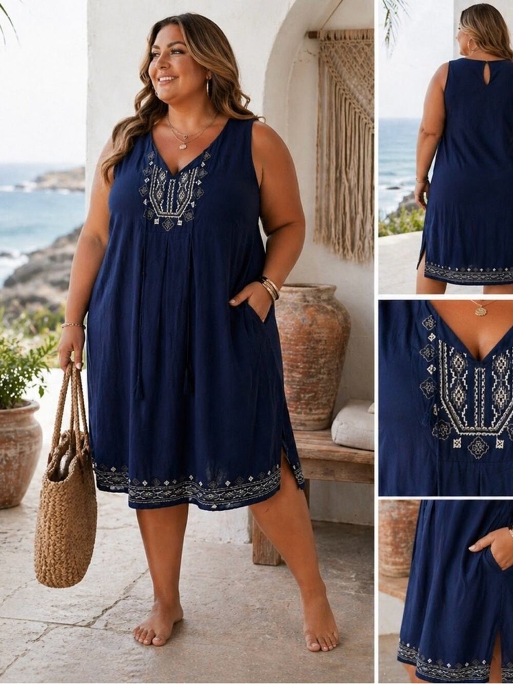 NEW W/TAGS! RELAXX Navy Embroidered V-Neck Tunic Dress/Beach Cover-Up, Boho, 2X